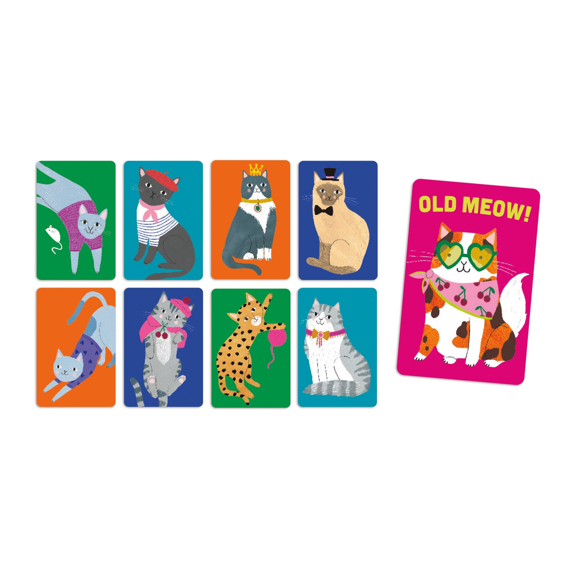 Set of colorful cards with cartoon cats on a white background