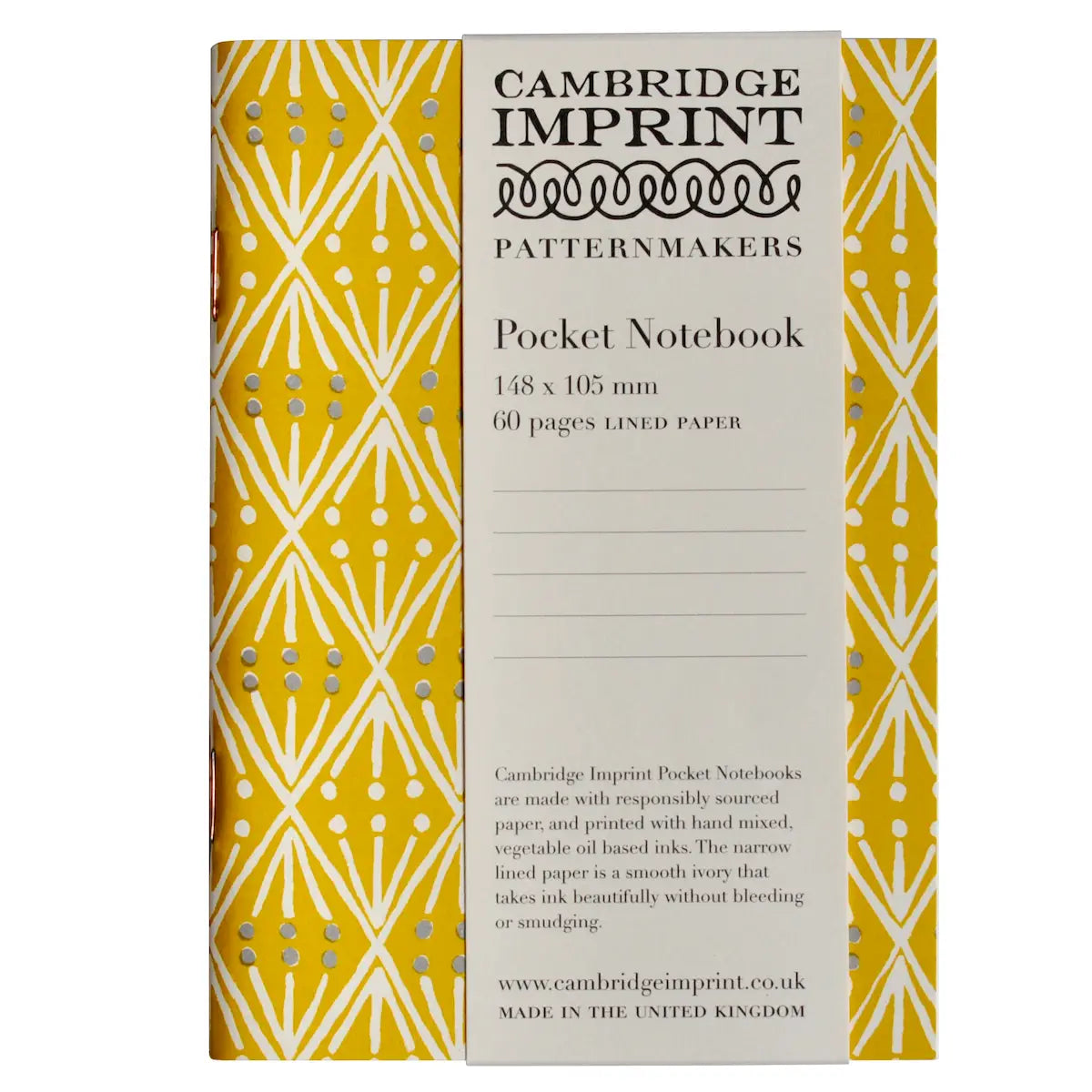 Cambridge Imprint pocket notebook with yellow geometric pattern on a white background