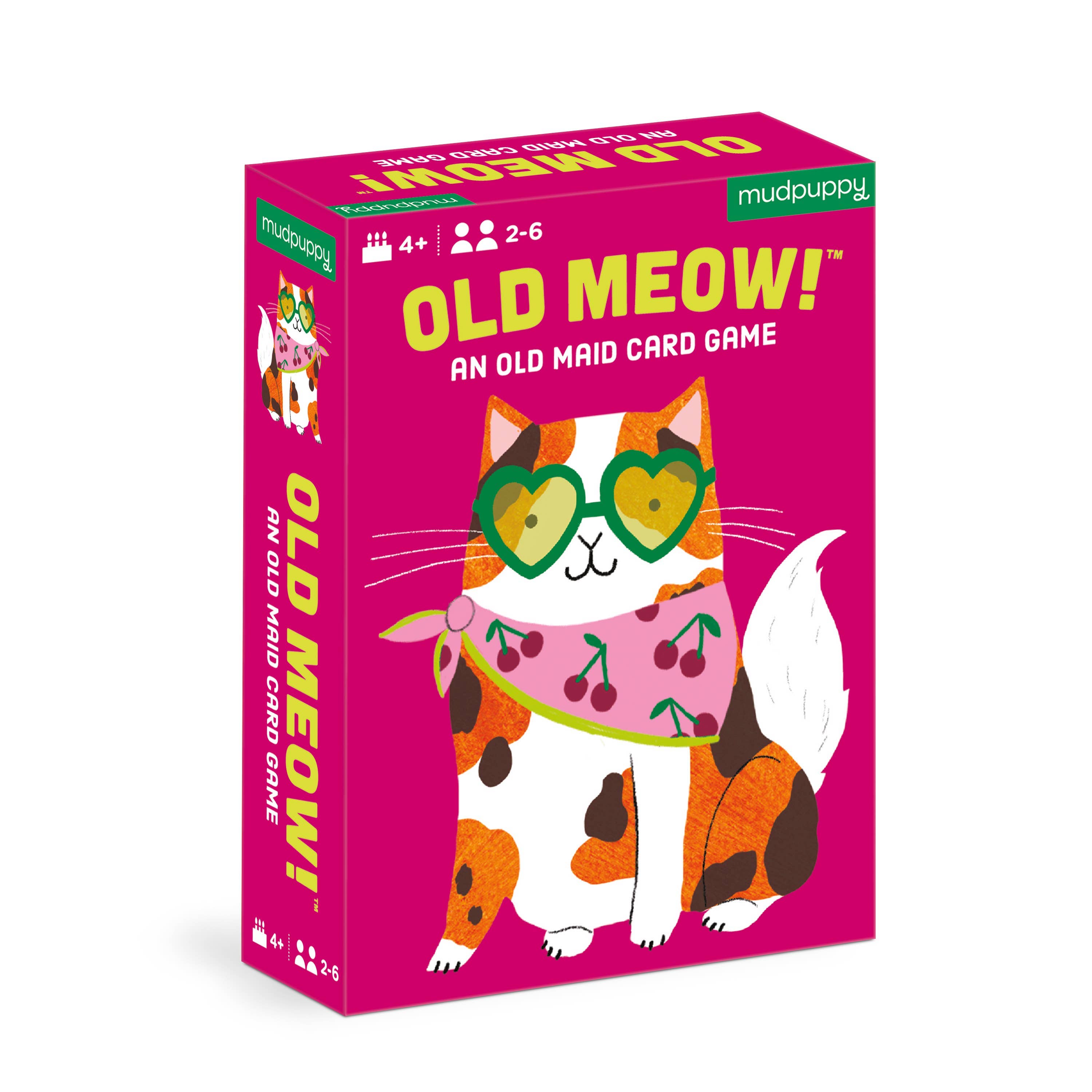 Card game box titled 'Old Meow!' with a cat illustration on a pink background