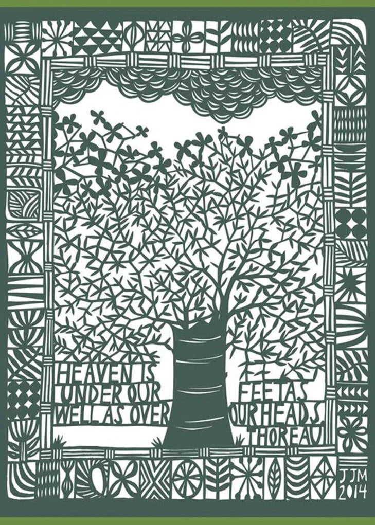 Decorative print with a tree and decorative border on a white background