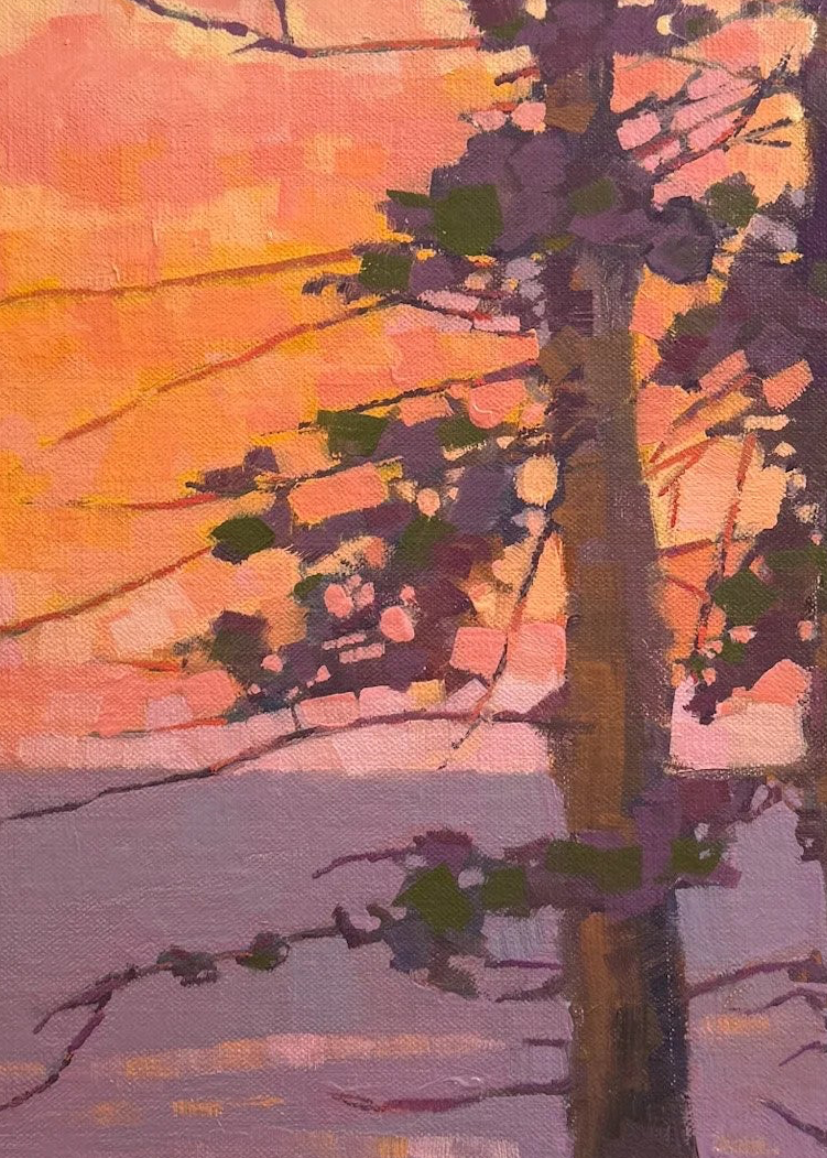 Artistic depiction of a tree with a sunset or sunrise background