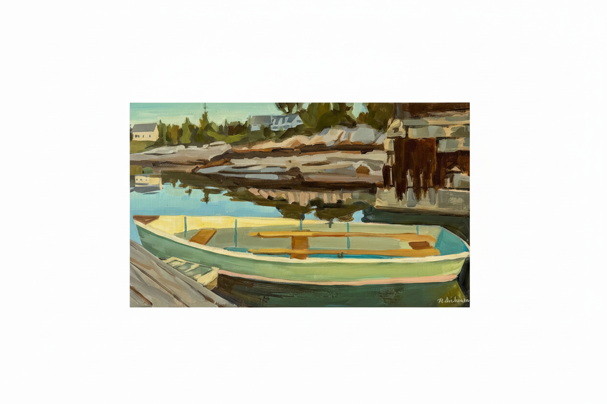 Painting of a boat docked at a marina with trees and buildings in the background.
