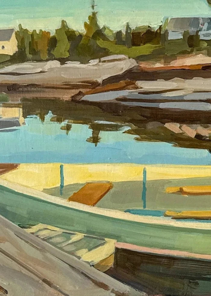 Painting of a boat on a dock with a scenic background