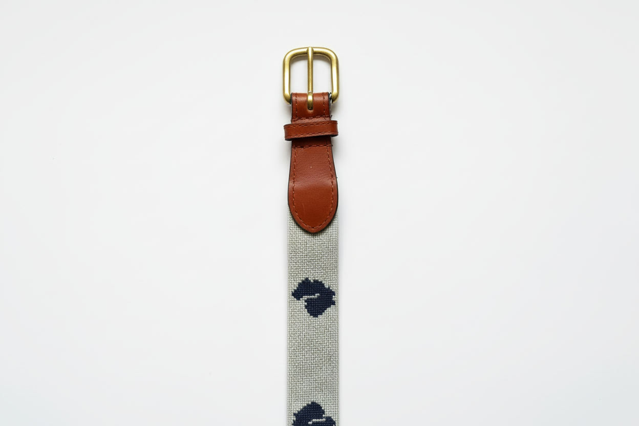 MDI Navy Needlepoint and Leather Belt