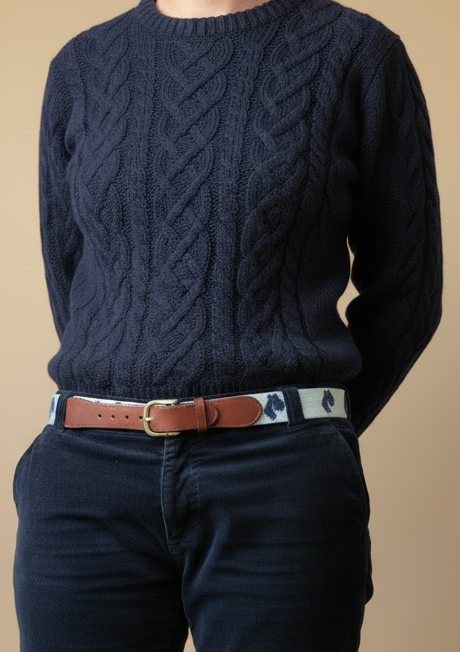 MDI Navy Needlepoint and Leather Belt