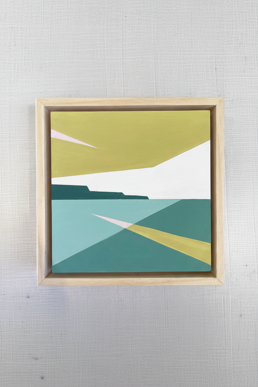 Abstract art piece with geometric shapes in green, blue, and white on a light gray background.