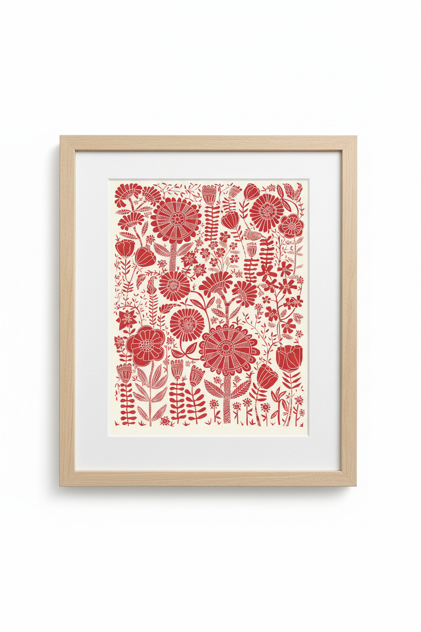 Framed artwork with red floral pattern on a white background