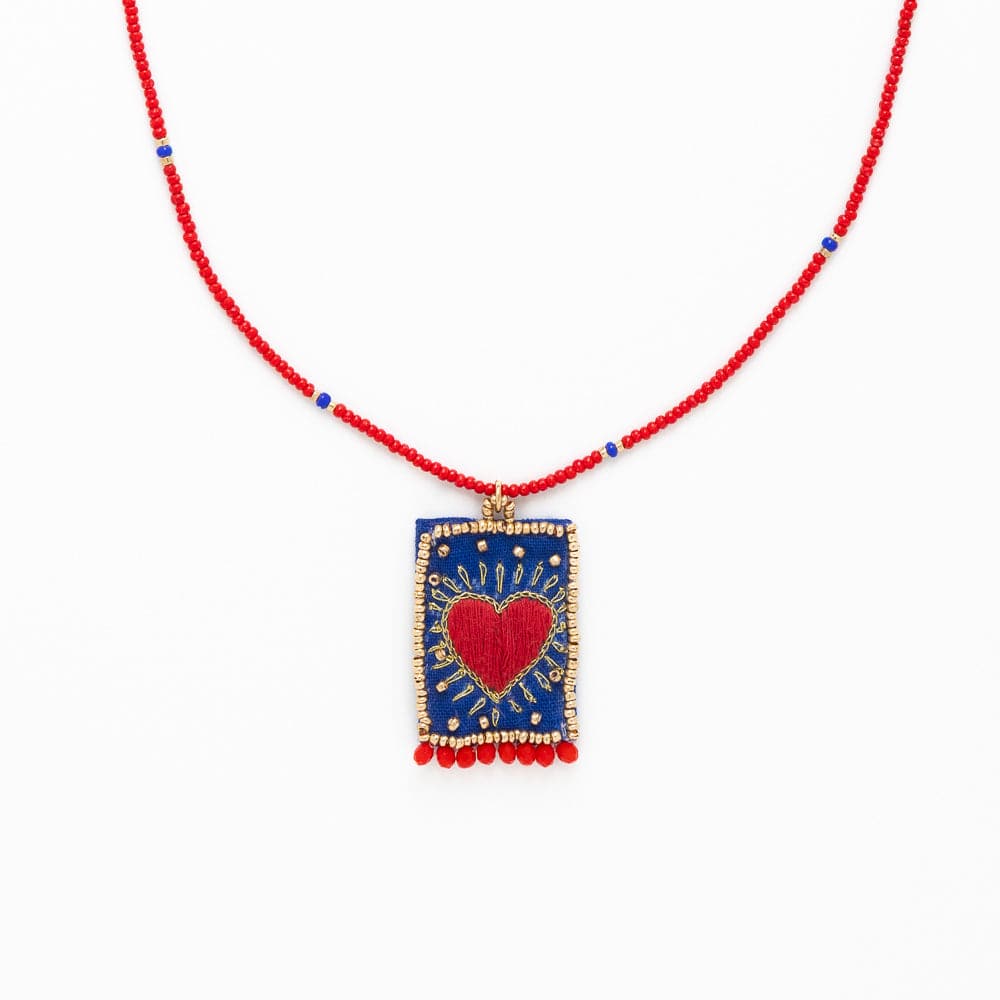 Robin Beaded Necklace With Embroidered Heart