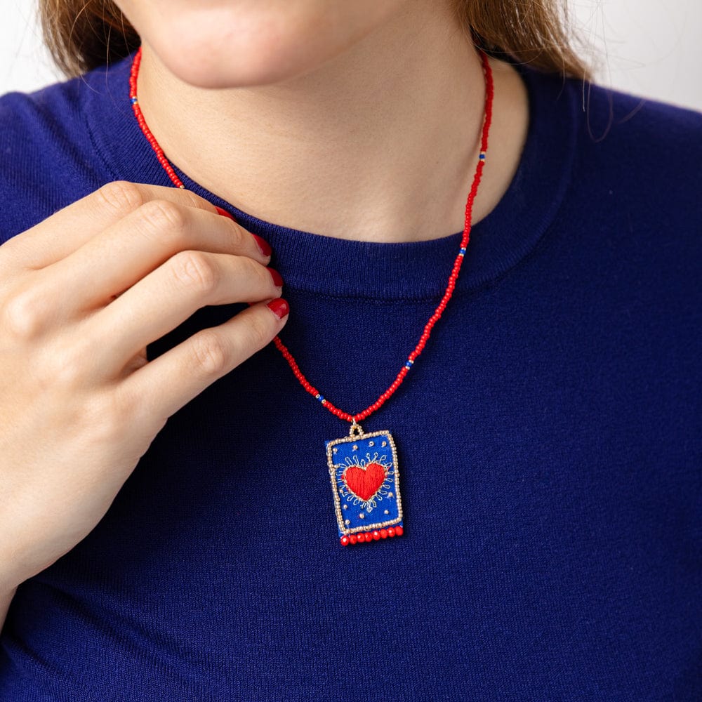 Robin Beaded Necklace With Embroidered Heart