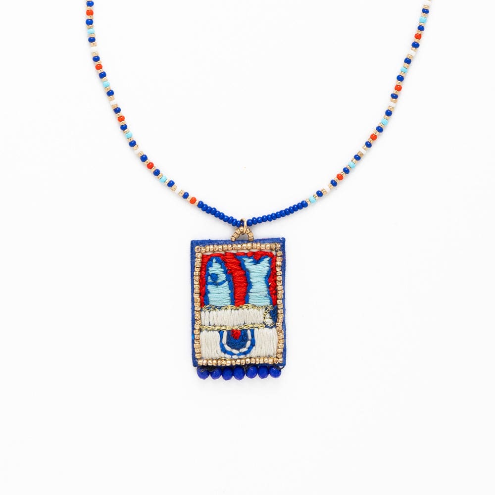 Robin Beaded Necklace With Embroidered Sardine Blue